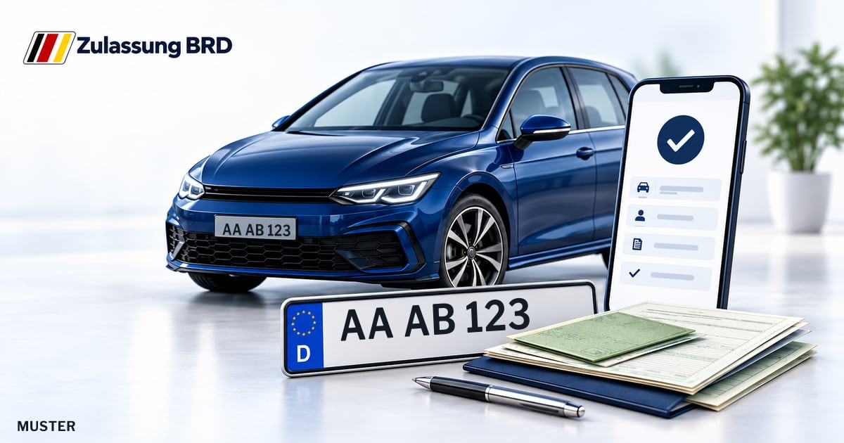 Online Fahrzeugzulassung in Ostalbkreis: Musterkennzeichen AA AB 123, Auto und Fahrzeugpapiere und Smartphone. Illustration mit Logo von Zulassung BRD.